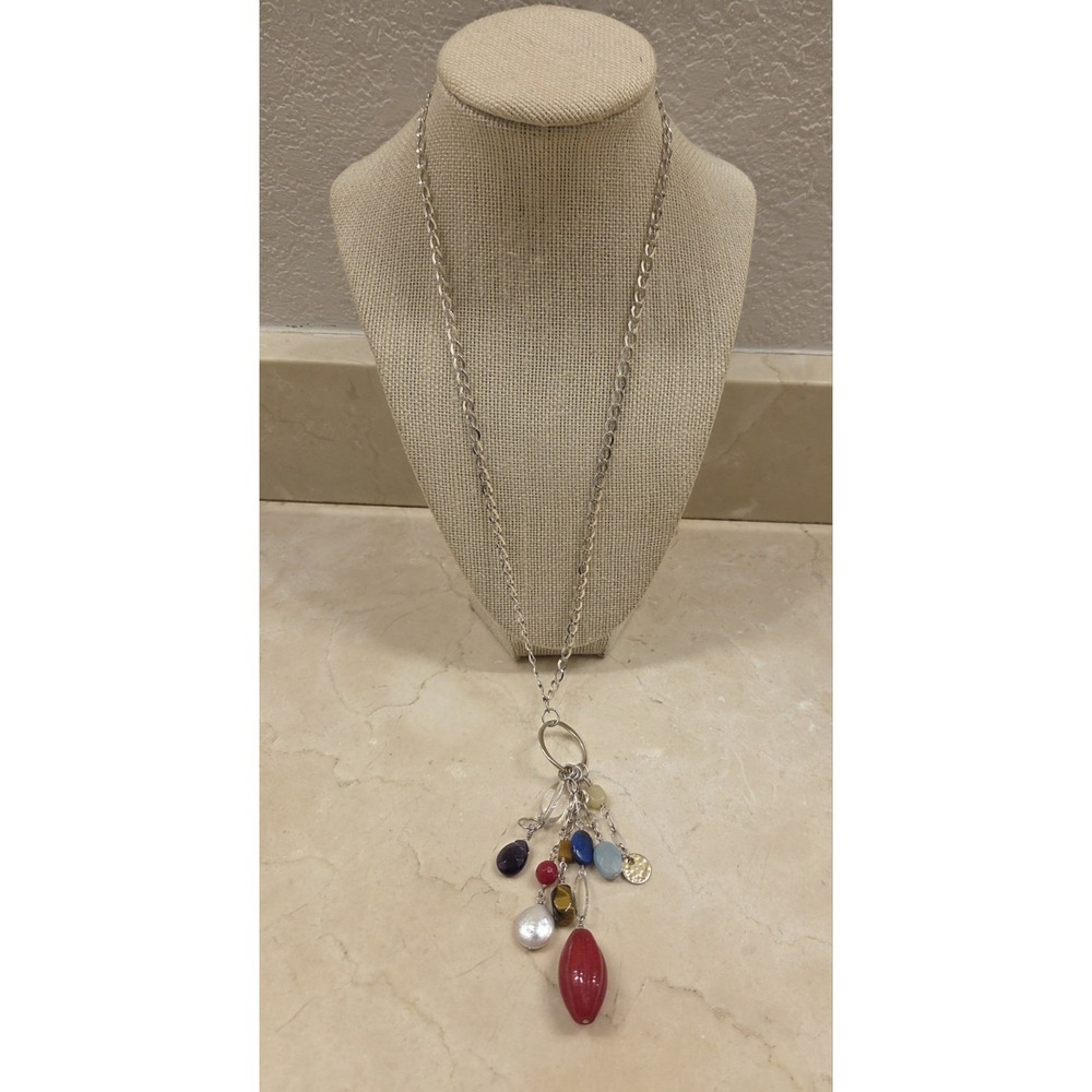 Ail Aluma Sterling Silver Multi Gemstones Dangle Pendant Necklace 45g 24"‎